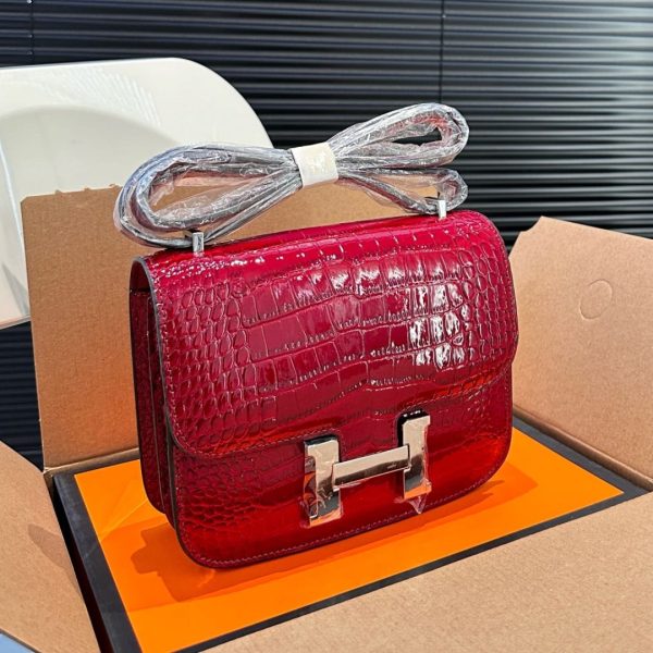 HERMÈS MINI CONSTANCE 19 SHINY ALLIGATOR PALLADIUM HARDWARE RED 19CM