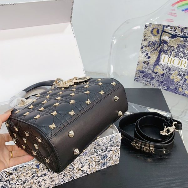 DIOR SMALL LADY DIOR BAG CANNAGE LAMBSKIN WITH GOLD FINISH BUTTERFLY STUDS BLACK 20CM M0531ONHZ M900