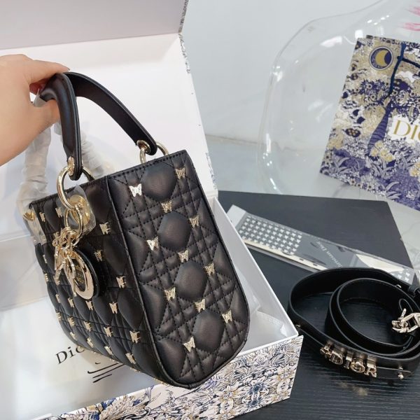 DIOR SMALL LADY DIOR BAG CANNAGE LAMBSKIN WITH GOLD FINISH BUTTERFLY STUDS BLACK 20CM M0531ONHZ M900