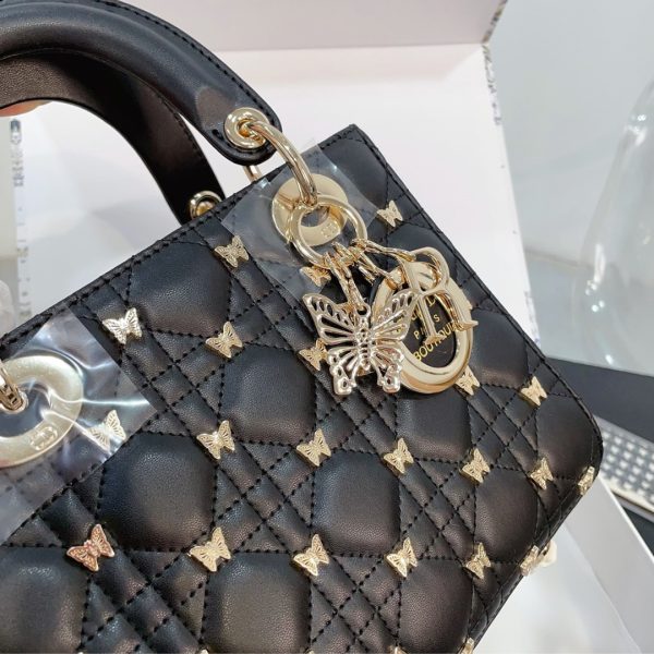 DIOR SMALL LADY DIOR BAG CANNAGE LAMBSKIN WITH GOLD FINISH BUTTERFLY STUDS BLACK 20CM M0531ONHZ M900