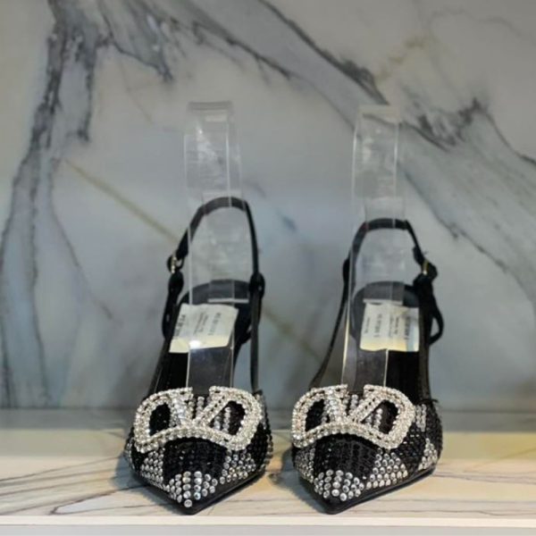 VALENTINO VLOGO SIGNATURE BACK STRAP CRYSTAL HIGH HEELS BLACK