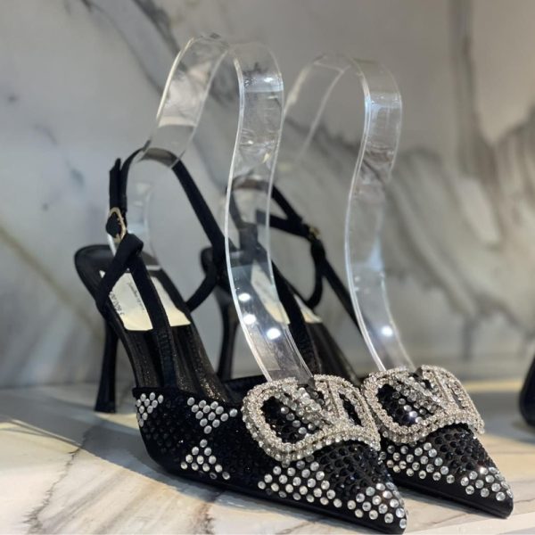 VALENTINO VLOGO SIGNATURE BACK STRAP CRYSTAL HIGH HEELS BLACK