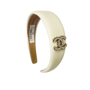 CHANEL CC LEATHER HEADBAND WITH GOLD HARDWARE IN WHITE