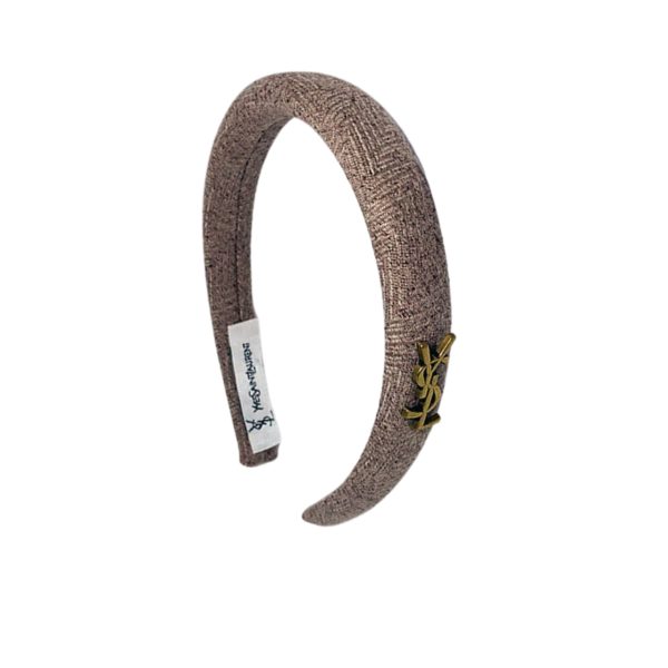 SAINT LAURENT SMALL YSL TWEED HEADBAND WITH GOLD HARDWARE IN LIGHT BROWN