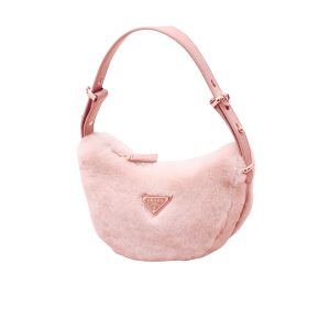 PRADA ARQUE SHEARLING AND LEATHER SHOULDER BAG PINK 22CM