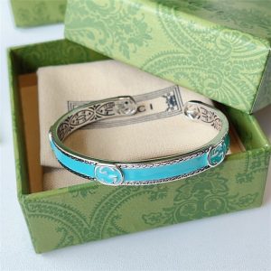 GUCCI CUFF BRACELET INTERLOCKING GG STERLING SILVER TURQUOISE ENAMEL