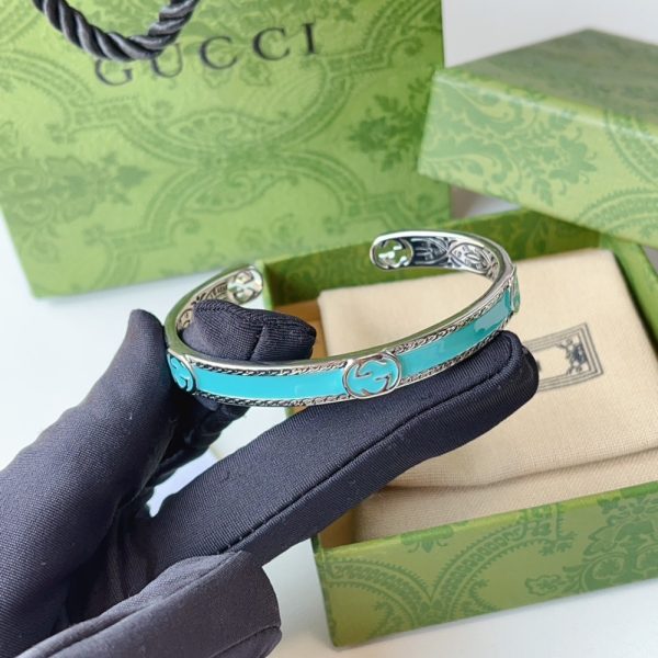 GUCCI CUFF BRACELET INTERLOCKING GG STERLING SILVER TURQUOISE ENAMEL