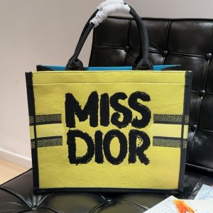 DIOR BOOK TOTE MISS DIOR GRAFFITI EMBROIDERY TWO TONE YELLOW AND BLUE 41CM