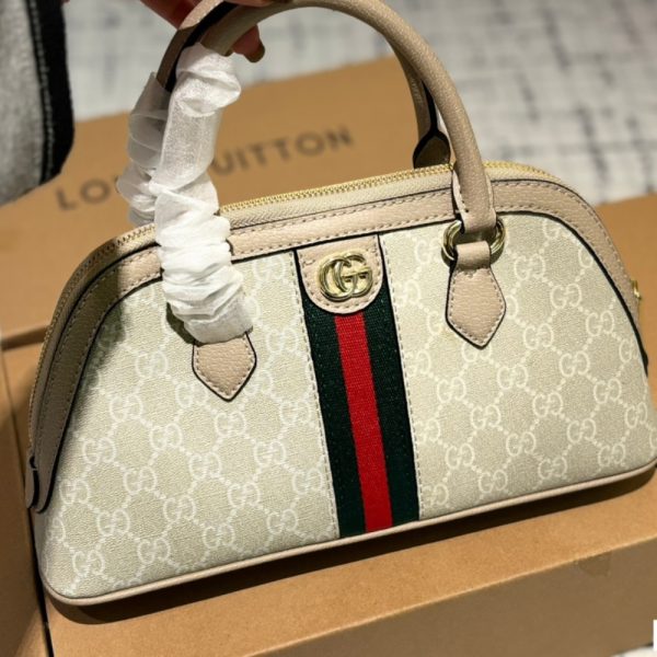 GUCCI OPHIDIA SMALL TOP HANDLE BAG BEIGE AND WHITE 30CM