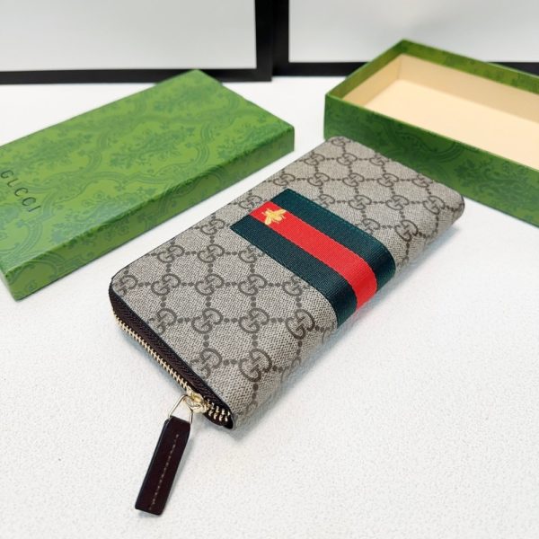 GUCCI SUPREME CANVAS BEE LEATHER WALLET LONG ROUND ZIPPER WEB BEIGE EBONY 21CM