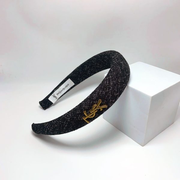 SAINT LAURENT YSL TWEED HEADBAND WITH GOLD HARDWARE IN DARK GREY