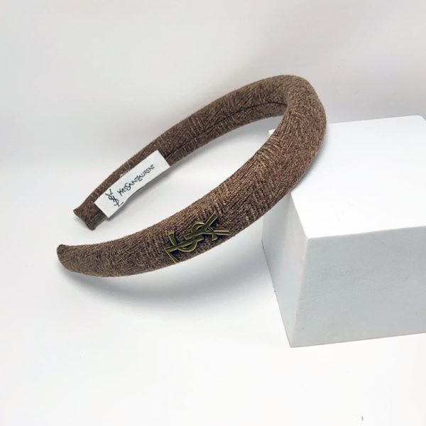 SAINT LAURENT SMALL YSL TWEED HEADBAND WITH GOLD HARDWARE IN DARK BROWN