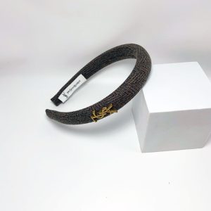 SAINT LAURENT SMALL YSL TWEED HEADBAND WITH GOLD HARDWARE IN DARK GREY