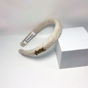 SAINT LAURENT SMALL YSL TWEED HEADBAND WITH GOLD HARDWARE IN WHITE