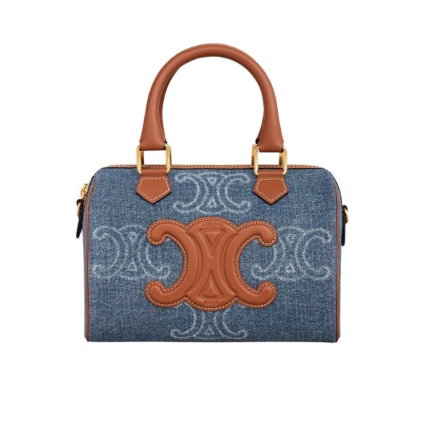 CELINE SMALL BOSTON WITH TRIOMPHE ALL OVER AND CALFSKIN IN DENIM BLUE 20CM 113772FY6 07DD