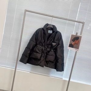 PRADA RE NYLON DOWN BELTED JACKET BLACK