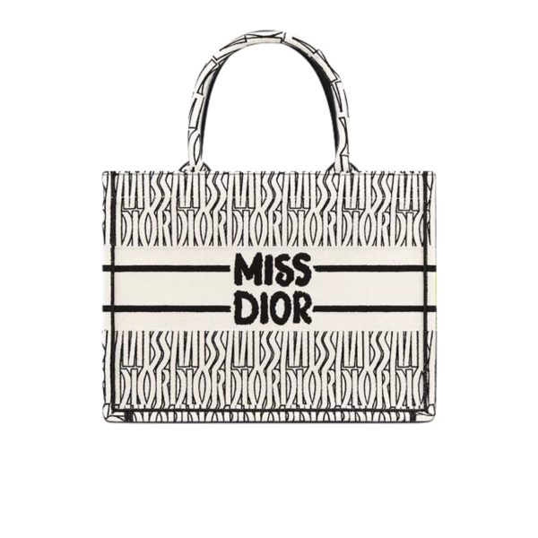 DIOR BOOK TOTE MISS DIOR ALLOVER EMBROIDERY WHITE AND BLACK 26CM M1296ZEZE M041