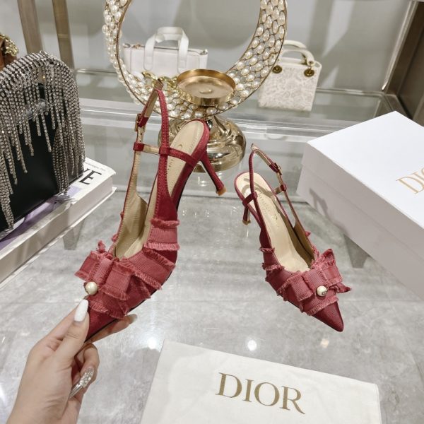 DIOR ADIORABLE SLINGBACK PUMP RED FRINGED GROSGRAIN