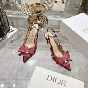 DIOR ADIORABLE SLINGBACK PUMP RED FRINGED GROSGRAIN