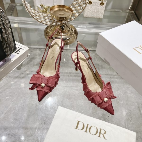 DIOR ADIORABLE SLINGBACK PUMP RED FRINGED GROSGRAIN