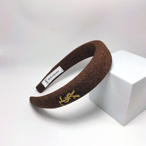 SAINT LAURENT YSL TWEED HEADBAND WITH GOLD HARDWARE IN DARK BROWN