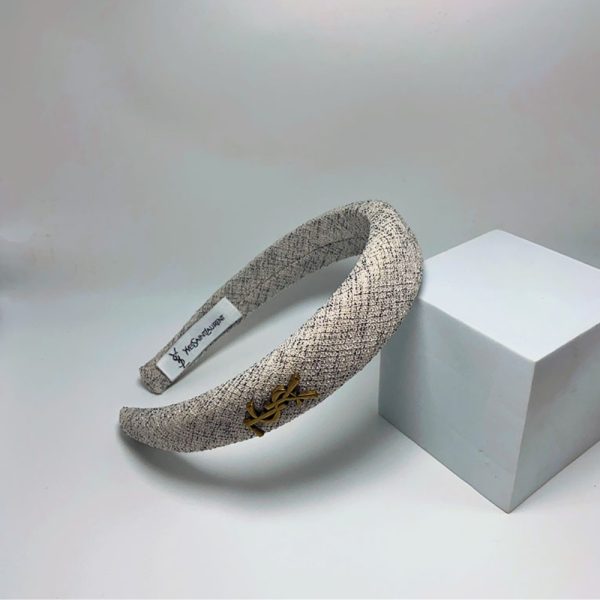 SAINT LAURENT YSL TWEED HEADBAND WITH GOLD HARDWARE IN SALT AND PEPPER