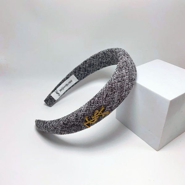 SAINT LAURENT YSL TWEED HEADBAND WITH GOLD HARDWARE IN LIGHT GREY