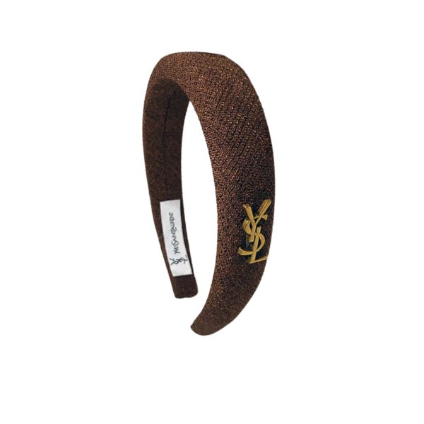 SAINT LAURENT YSL TWEED HEADBAND WITH GOLD HARDWARE IN DARK BROWN