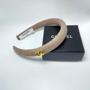 CHANEL SMALL CC TWEED HEADBAND WITH GOLD HARDWARE IN BEIGE