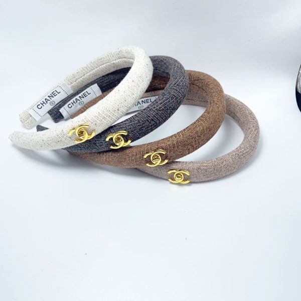 CHANEL SMALL CC TWEED HEADBAND WITH GOLD HARDWARE IN BEIGE