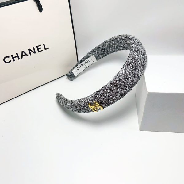 CHANEL CC TWEED HEADBAND WITH GOLD HARDWARE GREY