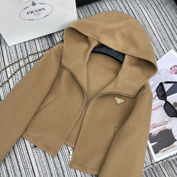 PRADA CROPPED COAT WITH HOOD BROWN