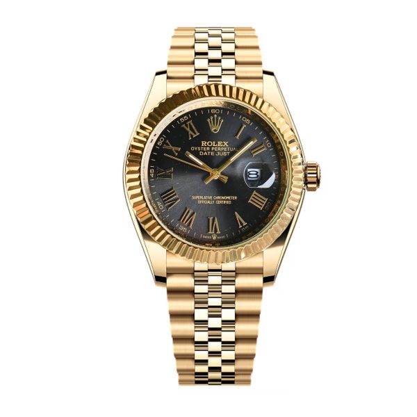 ROLEX DATEJUST ROMAN NUMERAL DIAL GOLD IN BLACK 41MM