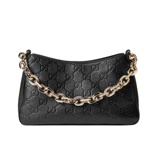 GUCCI GG EMBLEM SMALL SHOULDER BAG BLACK LEATHER 23CM