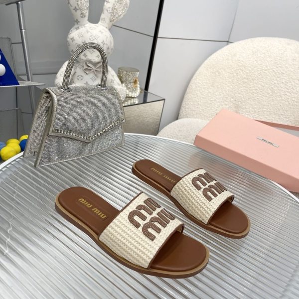 MIUMIU RAFFIA EFFECT WOVEN FABRIC SLIDES NATURAL 5XX644 3LOM F0018 F 005