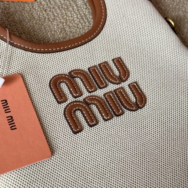 MIUMIU IVY CANVAS AND LEATHER BAG BEIGE 20CM 5BA281 ACRN F062F V OLF