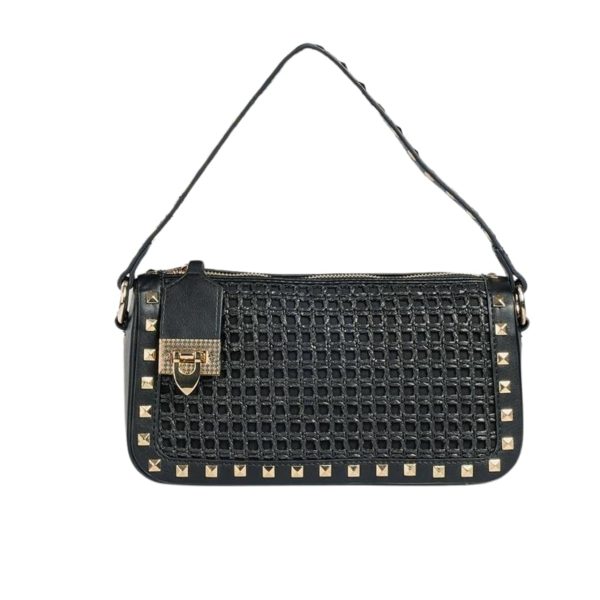 VALENTINO GARAVANI ROCKSTUD RAFFIA SMALL CROSSBODY BAG BLACK 19CM