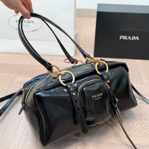 PRADA DANGLE MEDIUM LEATHER TOP HANDLE BAG BLACK 29CM 1BB138 2CYR F0002 V OOO