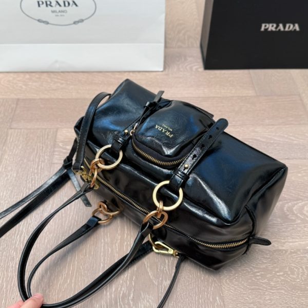 PRADA DANGLE MEDIUM LEATHER TOP HANDLE BAG BLACK 29CM 1BB138 2CYR F0002 V OOO