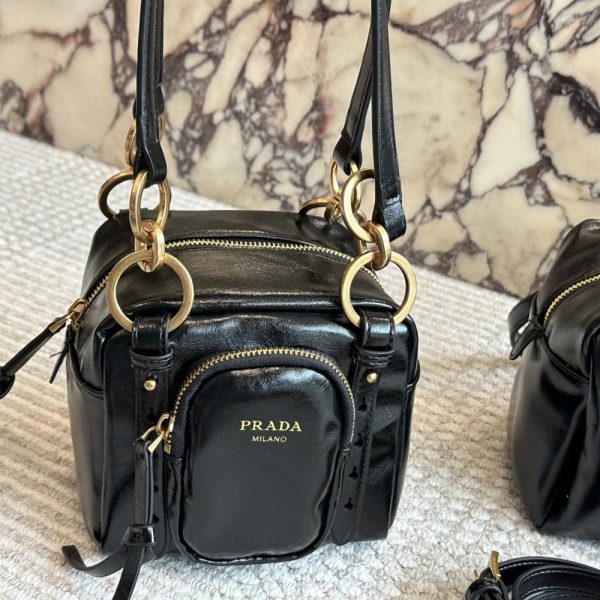 PRADA DANGLE LEATHER TOP HANDLE MINI BAG BLACK 16CM 1BB137 2CYR F0002 V OOO