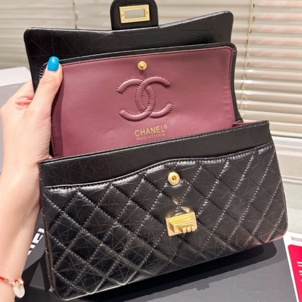 CHANEL 2.55 HANDBAG GOLD TONE METAL BLACK 24CM A37586 Y04634 C3906
