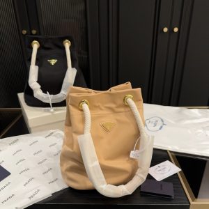 PRADA MARINER RE NYLON SMALL BUCKET BAG CAMEL BROWN 22CM 1BE082 2HG8 F0040 V OOO