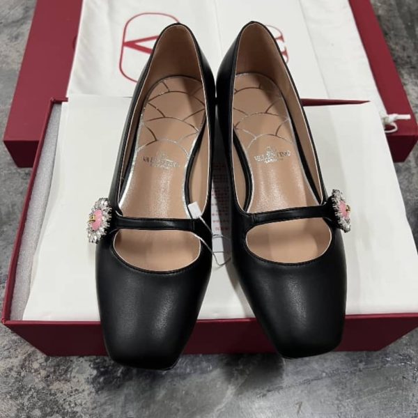 VALENTINO MARY JANE PRESHOES BALLERINA IN KIDSKIN WITH JEWEL BUTTON BLACK 6W2S0LL7DHS 9TJ