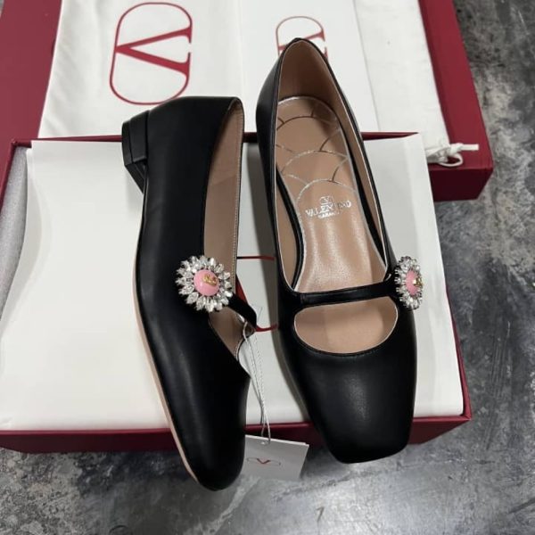 VALENTINO MARY JANE PRESHOES BALLERINA IN KIDSKIN WITH JEWEL BUTTON BLACK 6W2S0LL7DHS 9TJ
