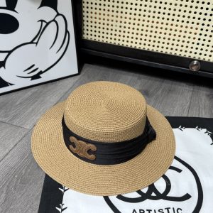 CELINE TRIOMPHE RAFFIA BOATER HAT WITH SILK IN NATURAL