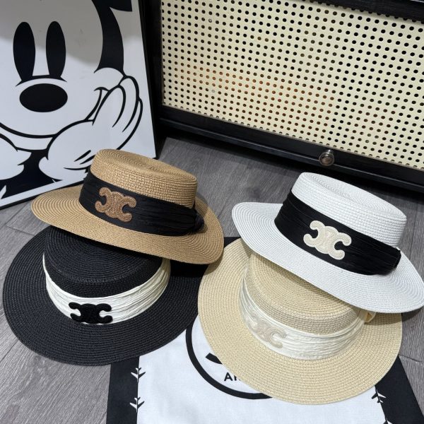 CELINE TRIOMPHE RAFFIA BOATER HAT WITH SILK IN NATURAL
