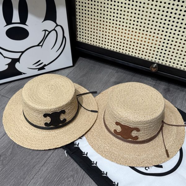 CELINE FLAT CROWN RAFFIA HAT EMBLEM IN BROWN