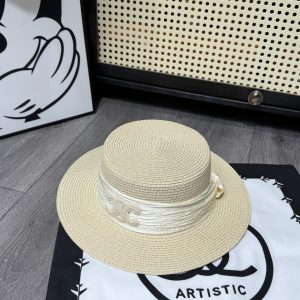 CELINE TRIOMPHE RAFFIA BOATER HAT WITH SILK IN BEIGE