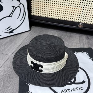 CELINE TRIOMPHE RAFFIA BOATER HAT WITH SILK IN BLACK