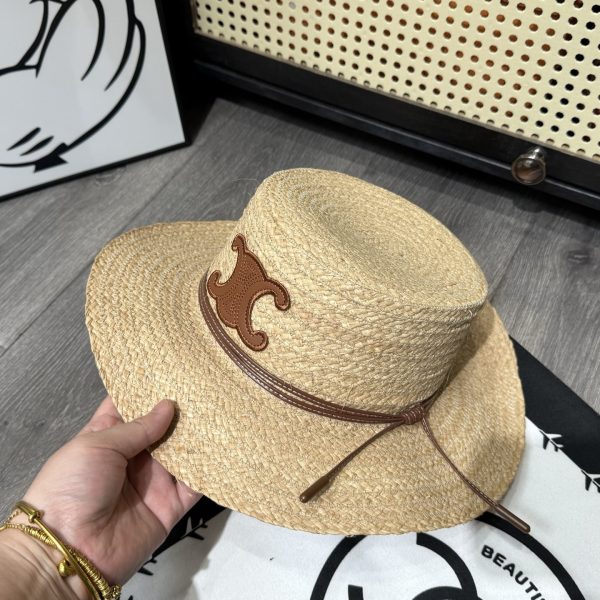 CELINE FLAT CROWN RAFFIA HAT EMBLEM IN BROWN